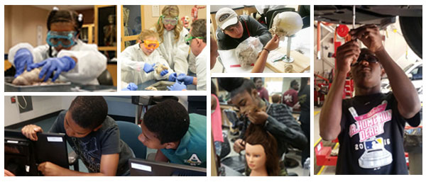 collage of children exploring programs at MCC, including dissecting, computers, anatomy, hair dressing, and automotive repair