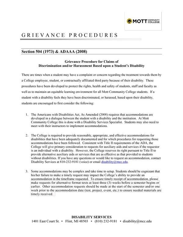 Grievance Procedures Disability Services Mott Community College