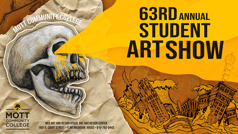 drawing of skull with the words 63rd annual student art show