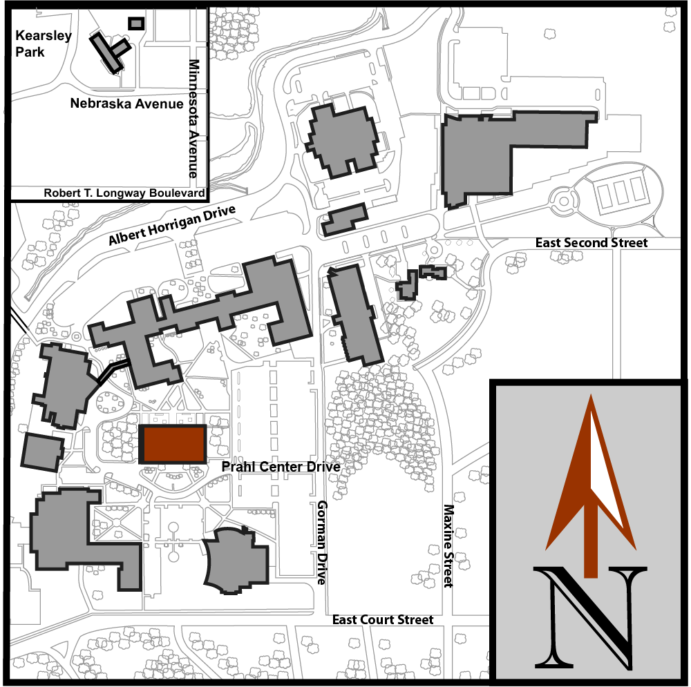 Main Campus Flint Aerial Map with Prahl College Center highlighted